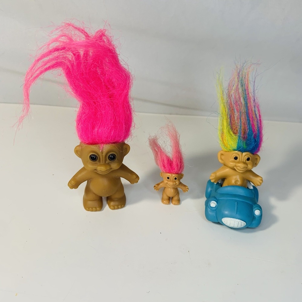 Vintage Russ Troll Doll Lot Of 3 Pink Multicolor Hair Blue Car Mini Figure
